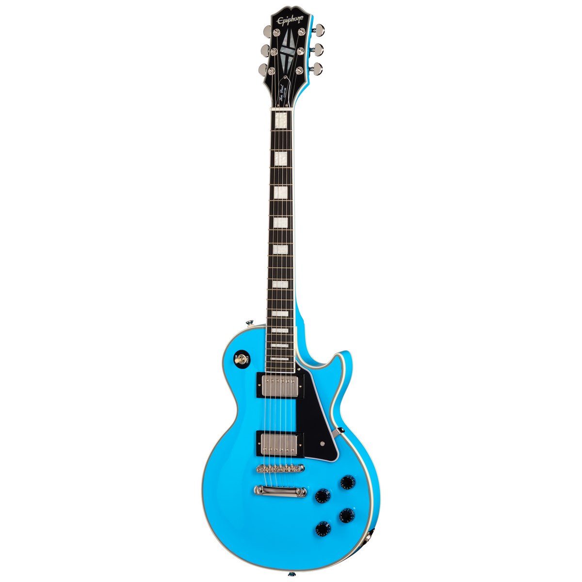 Blue electric guitar on a white background