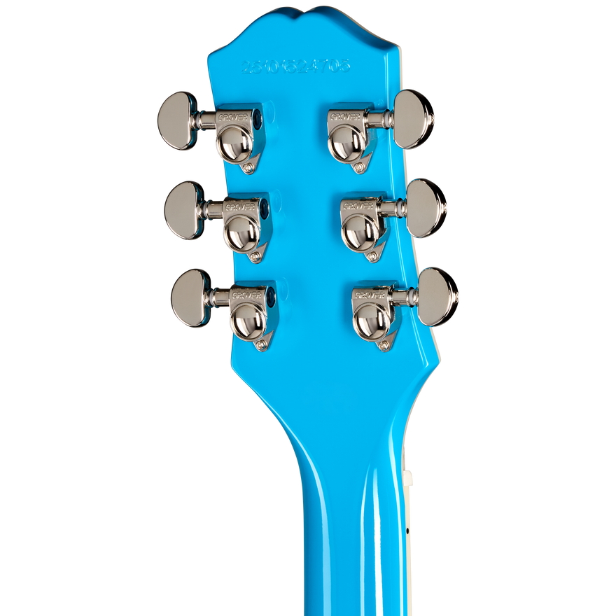 Close-up of a blue guitar headstock with tuning pegs on a white background