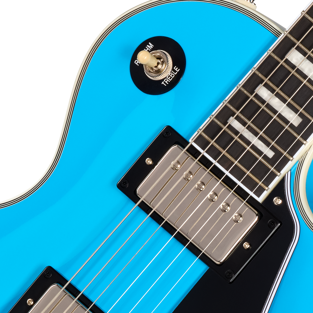 Close-up of a blue electric guitar with a focus on the neck and headstock.