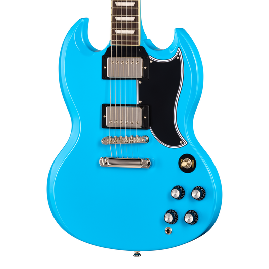 A bright blue electric guitar with a black pickguard, chrome hardware, and black control knobs, shown against a plain white background.