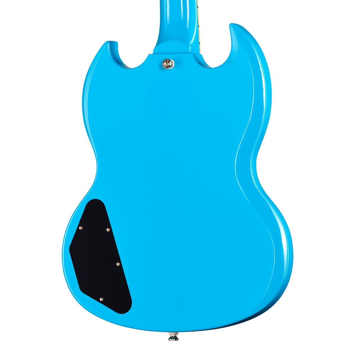 The back of a bright blue electric guitar with a black pickguard and silver hardware, shown against a plain white background.