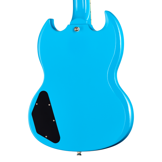 The back of a bright blue electric guitar with a black pickguard and silver hardware, shown against a plain white background.