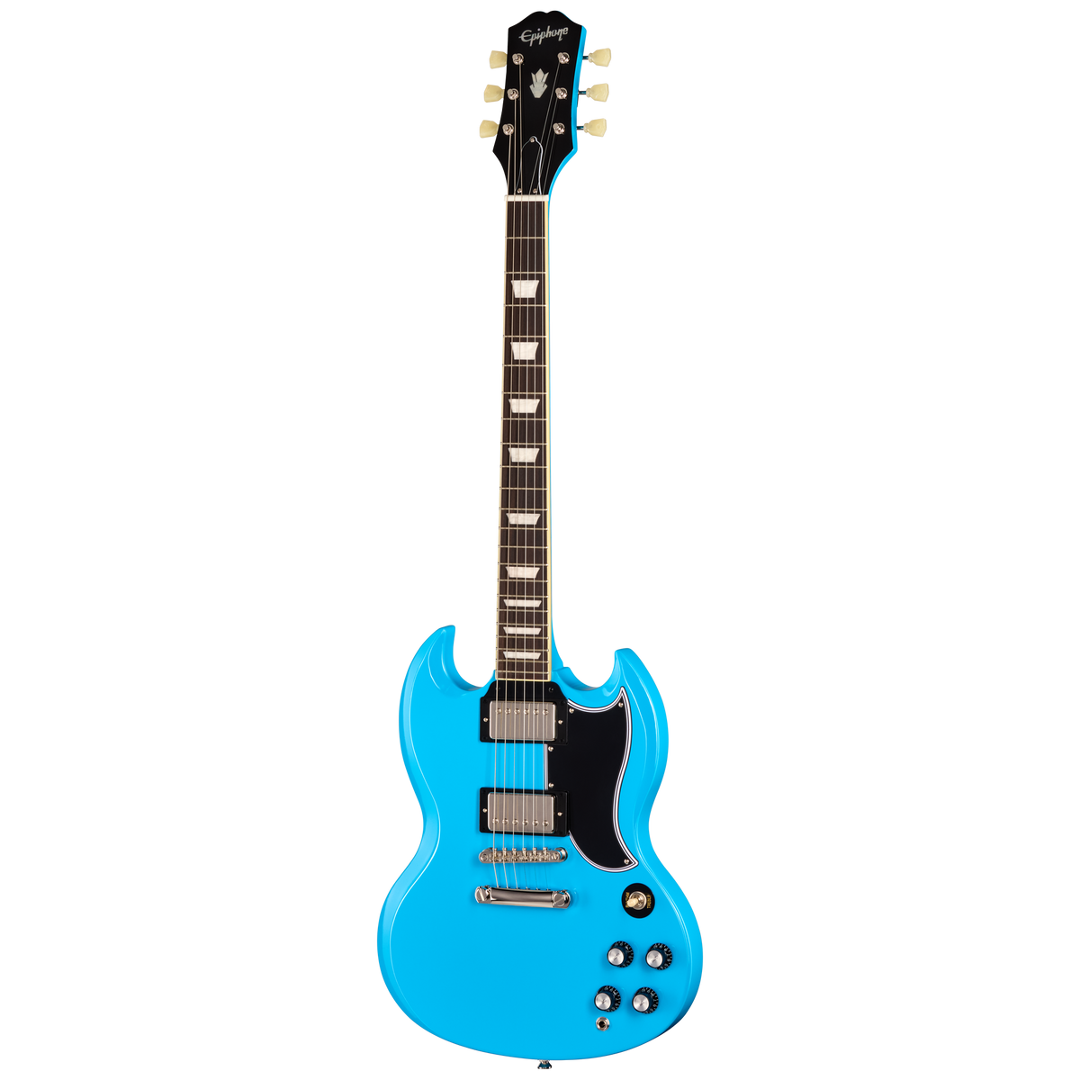 A bright blue electric guitar with a black pickguard and dark fretboard, shown against a plain white background.