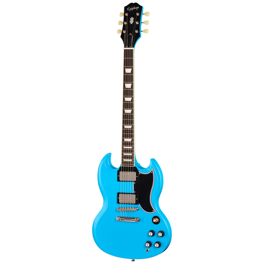 A bright blue electric guitar with a black pickguard and dark fretboard, shown against a plain white background.