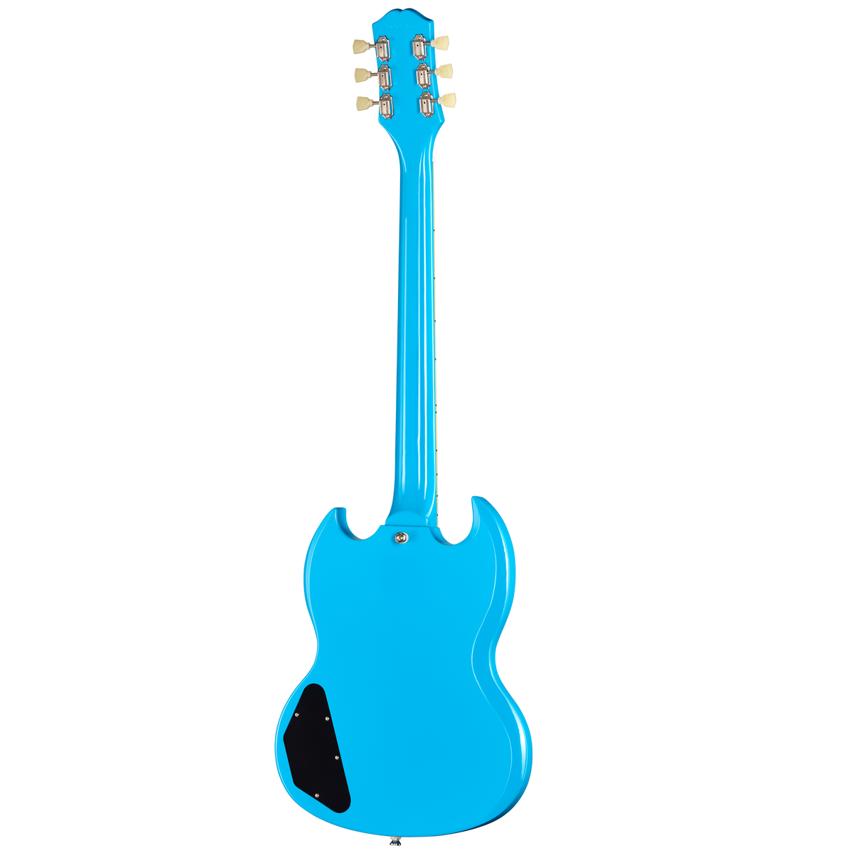 A bright blue electric guitar shown from the back, featuring a black pickguard and gold tuning pegs, isolated on a white background.