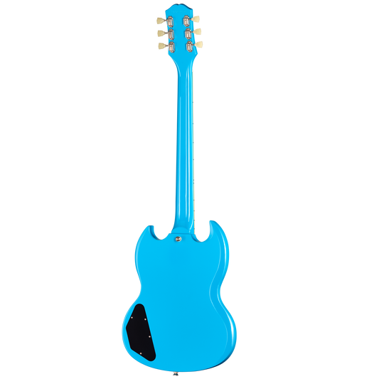 A bright blue electric guitar shown from the back, featuring a black pickguard and gold tuning pegs, isolated on a white background.