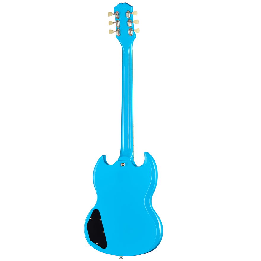 A bright blue electric guitar shown from the back, featuring a black pickguard and gold tuning pegs, isolated on a white background.