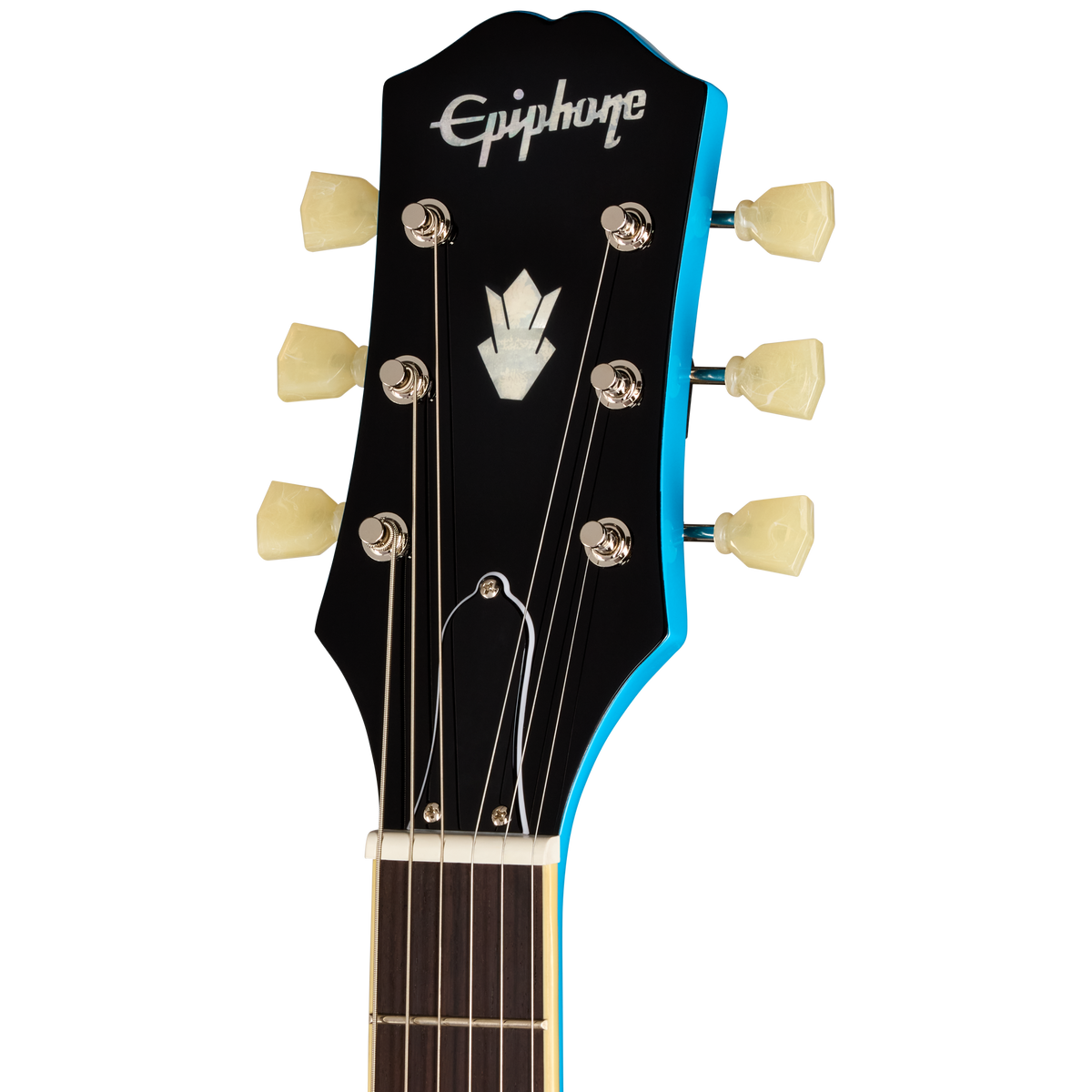 Close-up of the headstock of an Epiphone electric guitar, showing the black headstock with a bright blue edge, white Epiphone logo, and six cream-colored tuning pegs against a white background.