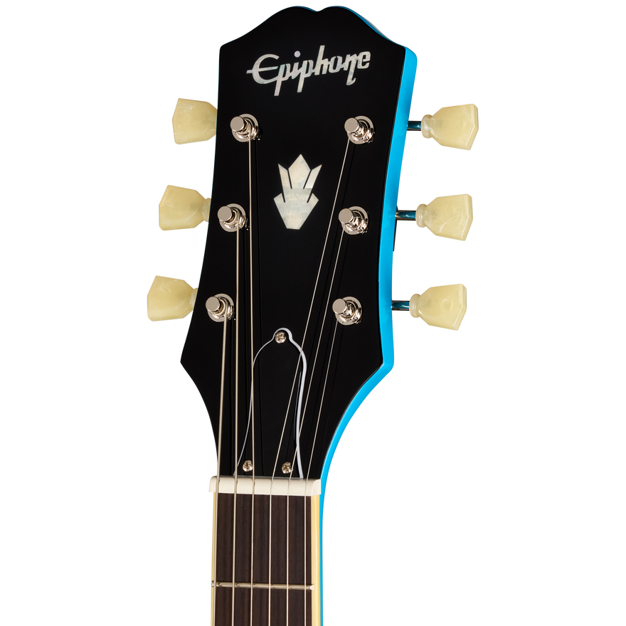 Close-up of the headstock of an Epiphone electric guitar, showing the black headstock with a bright blue edge, white Epiphone logo, and six cream-colored tuning pegs against a white background.