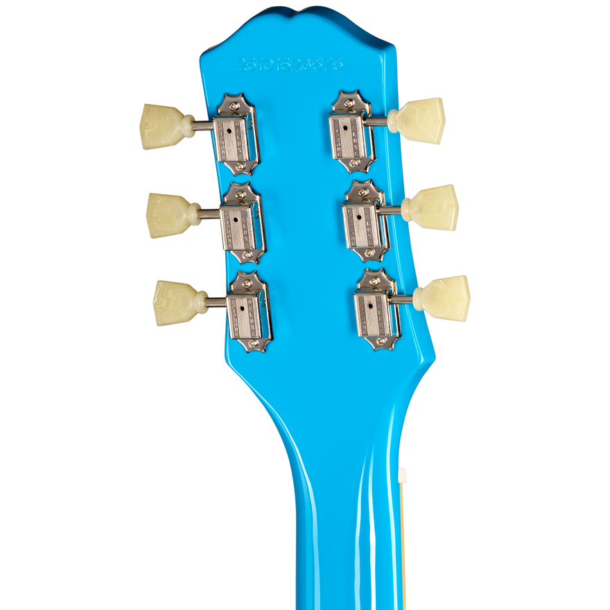 Close-up of a bright blue guitar headstock with six silver tuning pegs and cream-colored knobs on a white background.