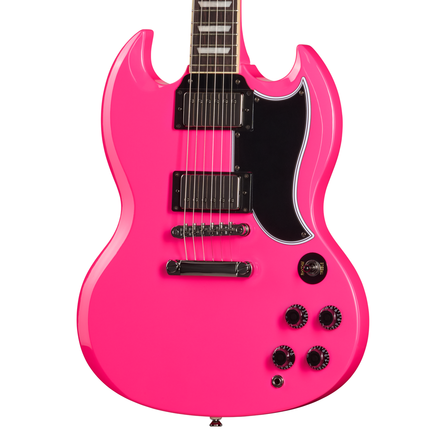 Pink electric guitar with a black pickguard on a white background