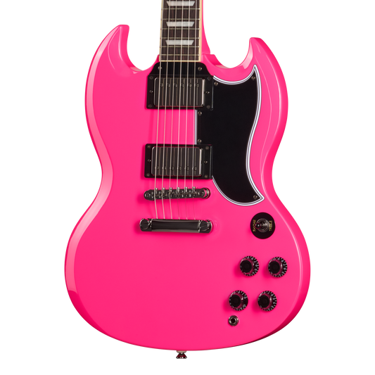 Pink electric guitar with a black pickguard on a white background