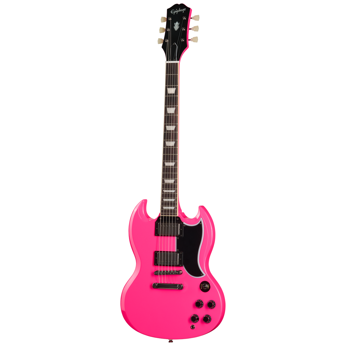 Pink electric guitar on a white background