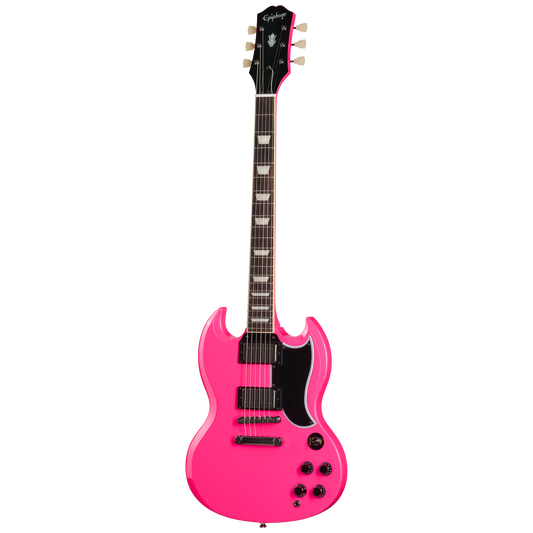 Pink electric guitar on a white background