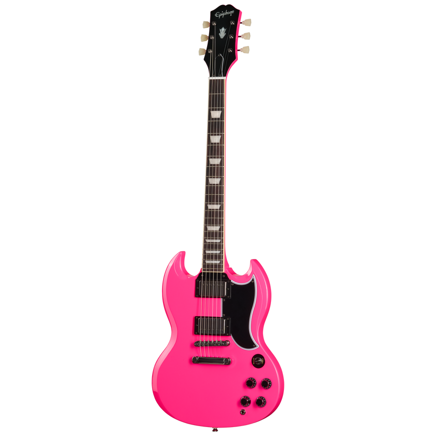 Pink electric guitar on a white background