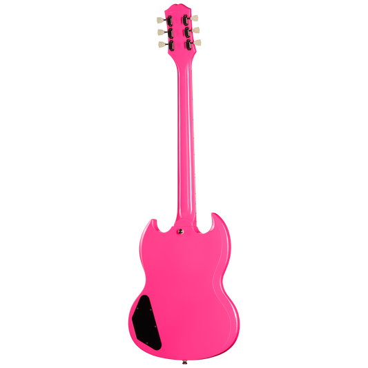 Pink electric guitar on a white background