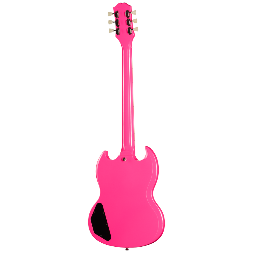 Pink electric guitar on a white background