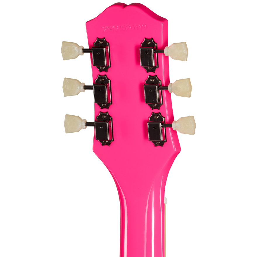 Close-up of a pink guitar headstock with tuning pegs on a white background