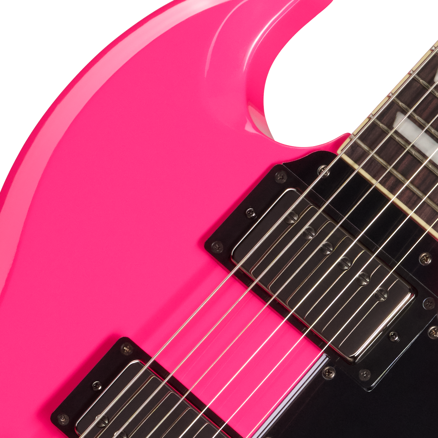 Close-up of a pink electric guitar with a black pickguard on a white background