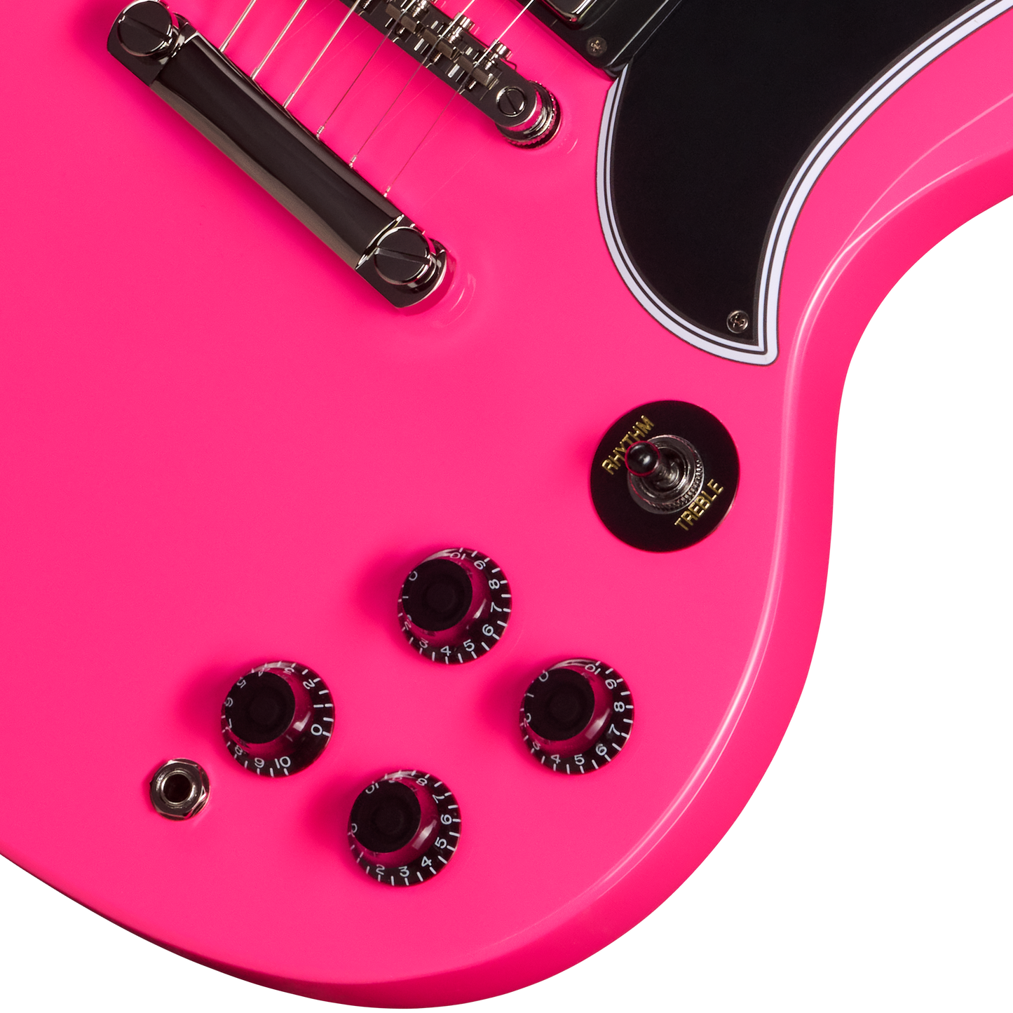 Close-up of a pink electric guitar with control knobs on a white background