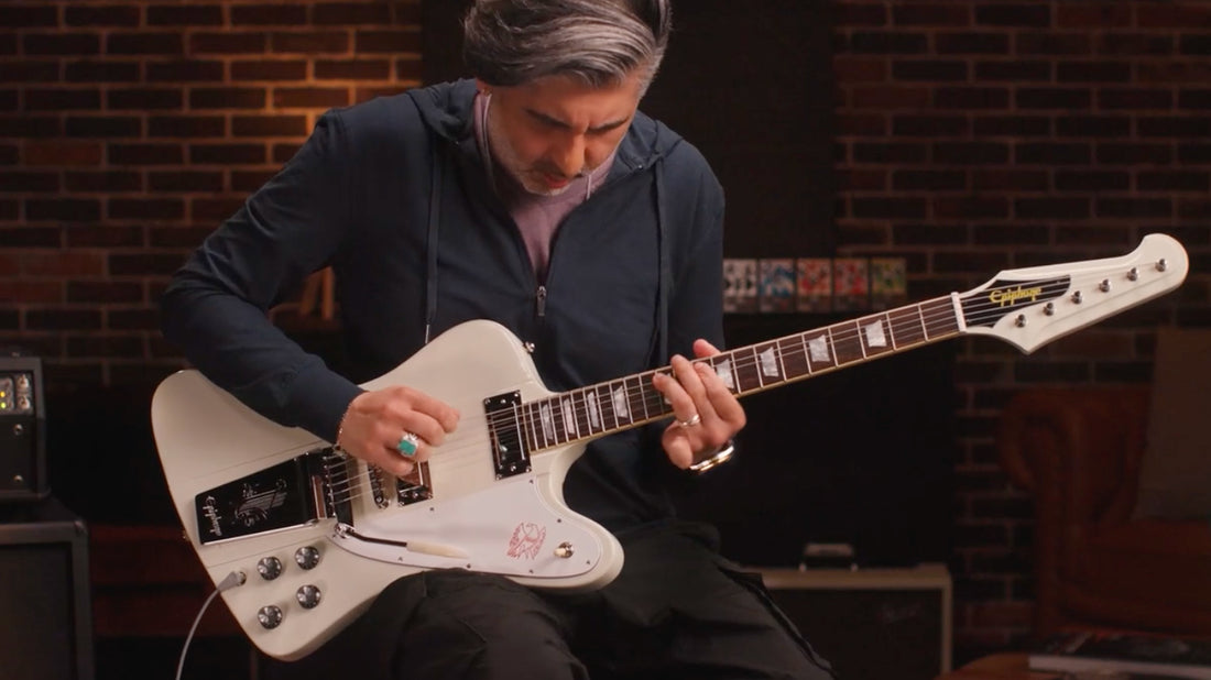 Epiphone Inspired by gibson Custom 1963 IGC Firebird V Reissue with Maestro Vibrola, Polaris White