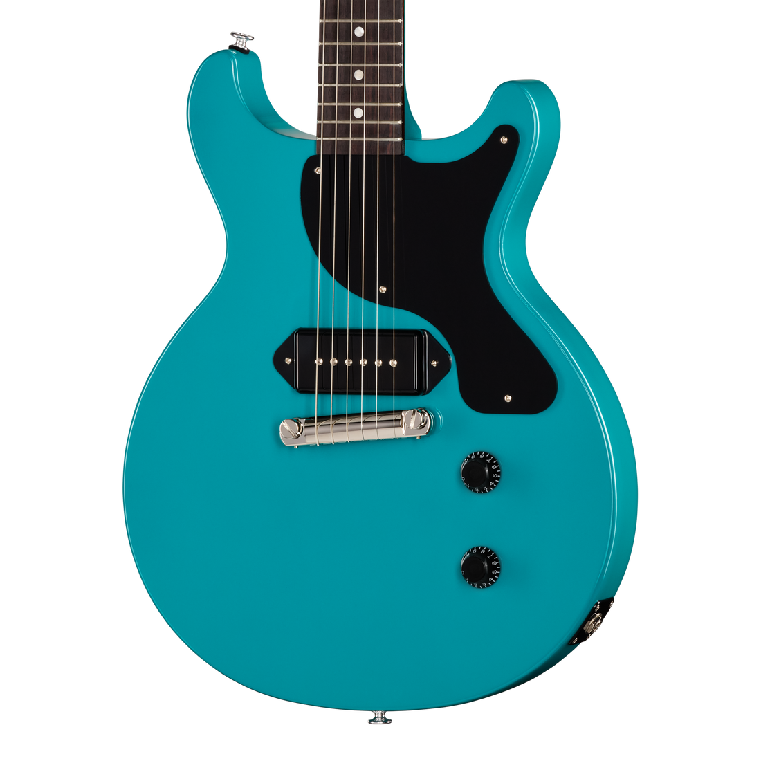 Turquoise electric guitar on a white background