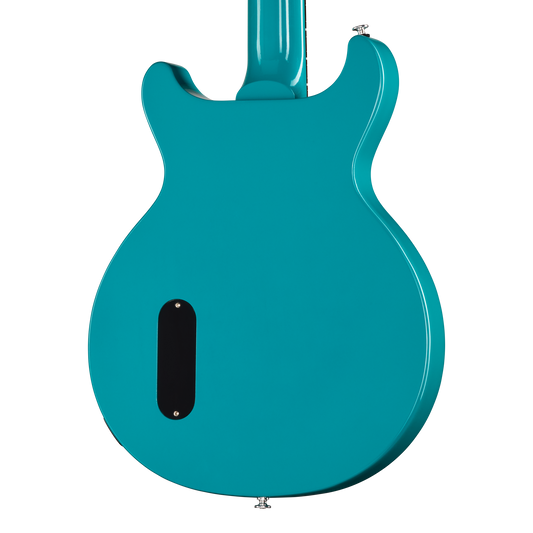 Turquoise electric guitar on a white background