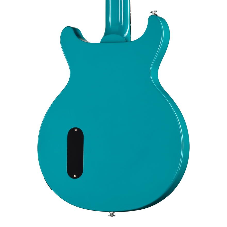 Turquoise electric guitar on a white background