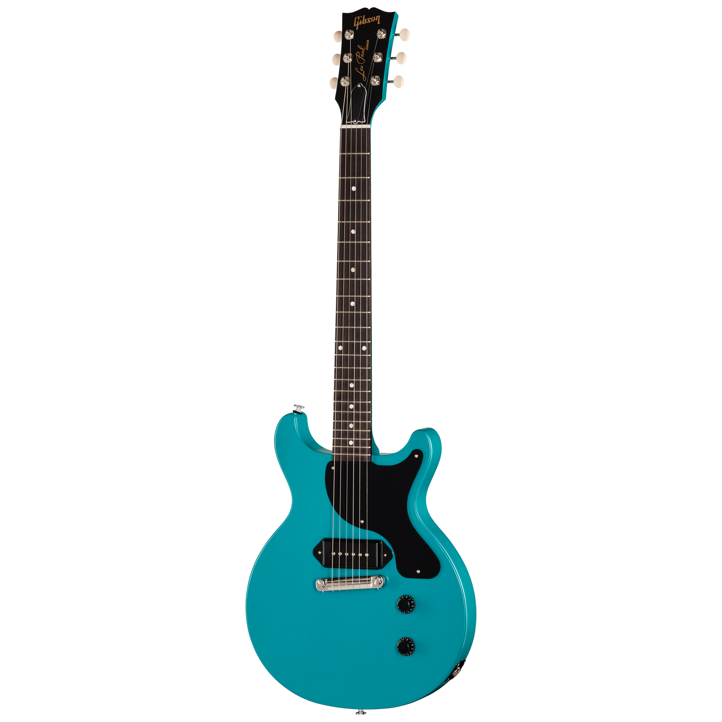 Turquoise electric guitar on a white background