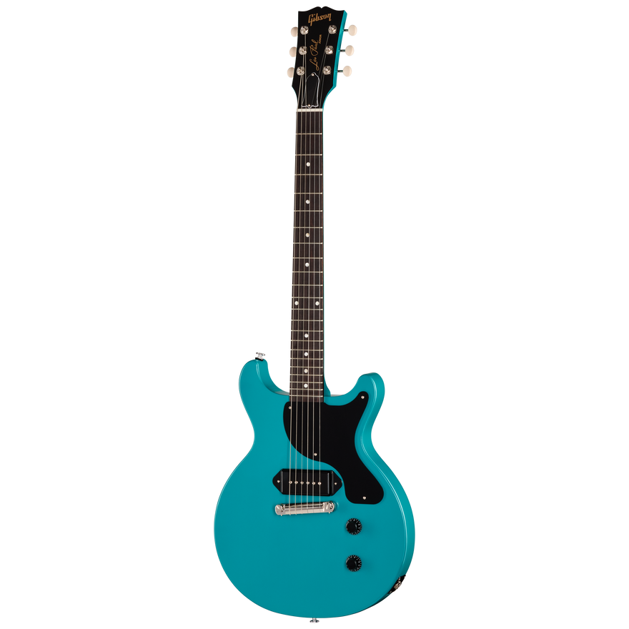 Turquoise electric guitar on a white background
