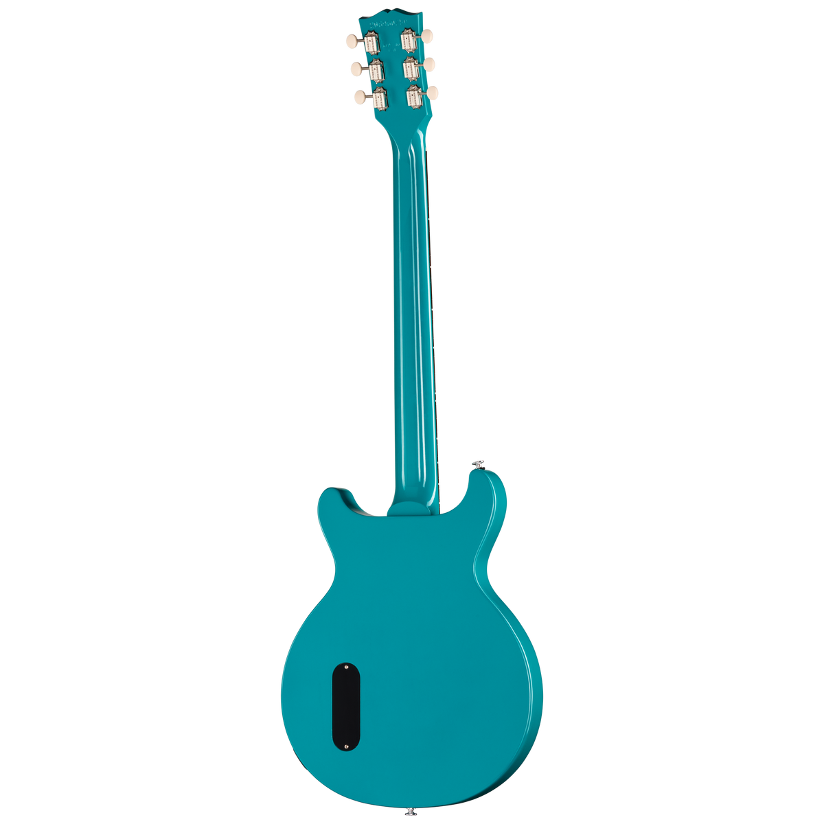 Turquoise electric guitar on a white background