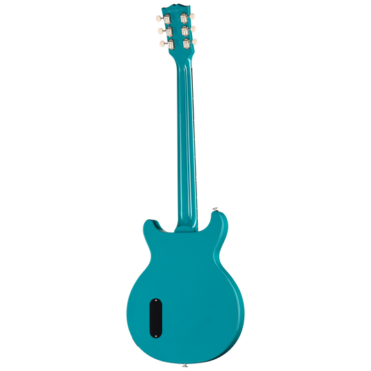 Turquoise electric guitar on a white background
