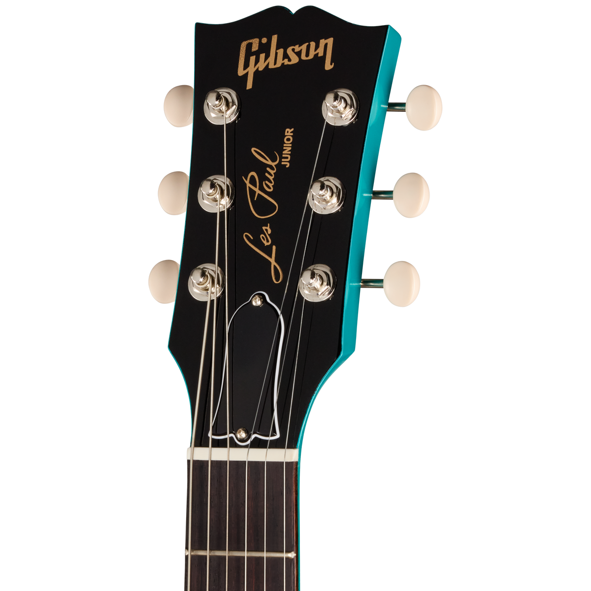 Gibson Les Paul Junior guitar headstock with black and turquoise design on a white background