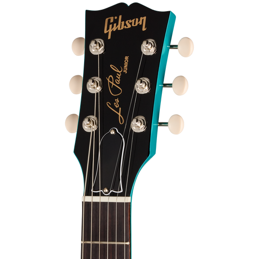 Gibson Les Paul Junior guitar headstock with black and turquoise design on a white background