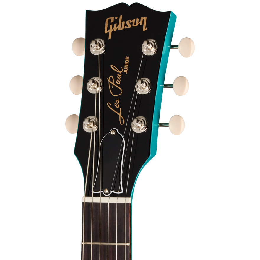 Gibson Les Paul Junior guitar headstock with black and turquoise design on a white background