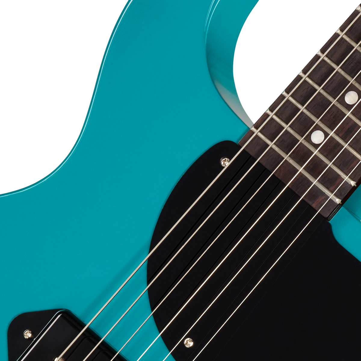 Close-up of a turquoise electric guitar with a white background