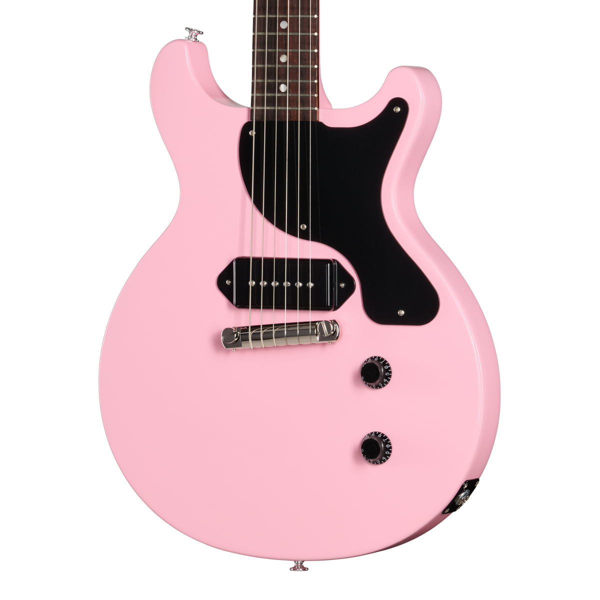 Pink electric guitar with a black pickguard on a white background