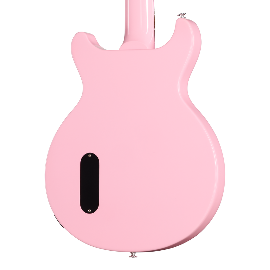 Pink electric guitar on a white background