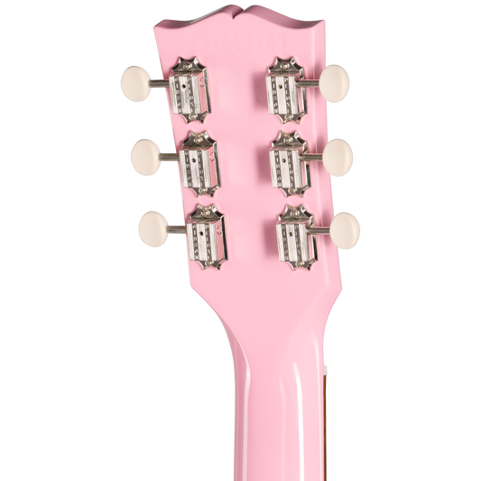 Close-up of a pink guitar headstock with tuning pegs on a white background