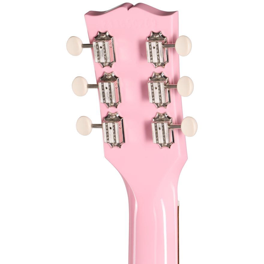 Close-up of a pink guitar headstock with tuning pegs on a white background