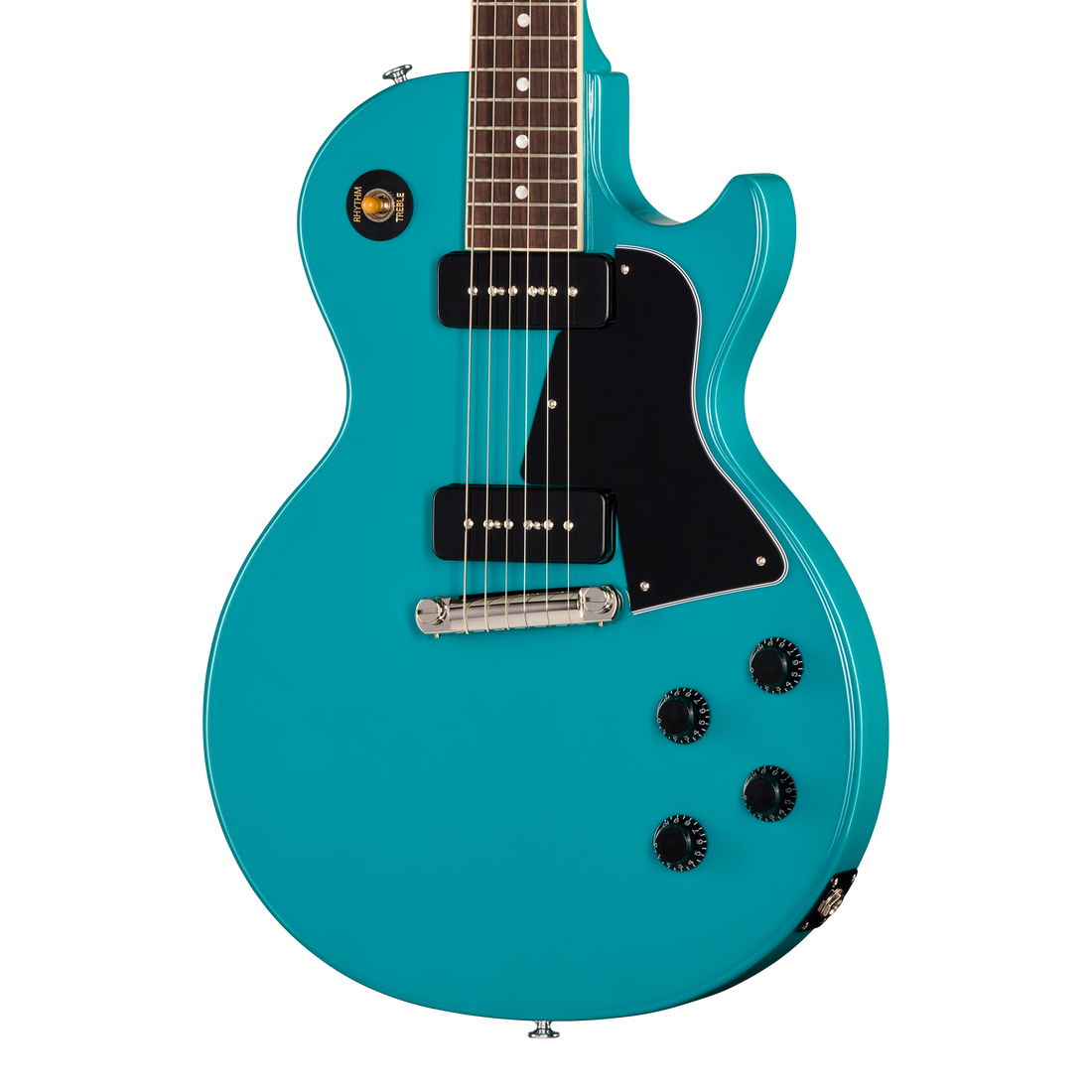 Turquoise electric guitar on a white background