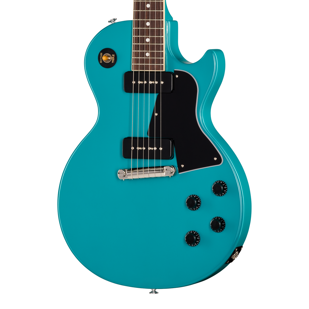 Turquoise electric guitar on a white background