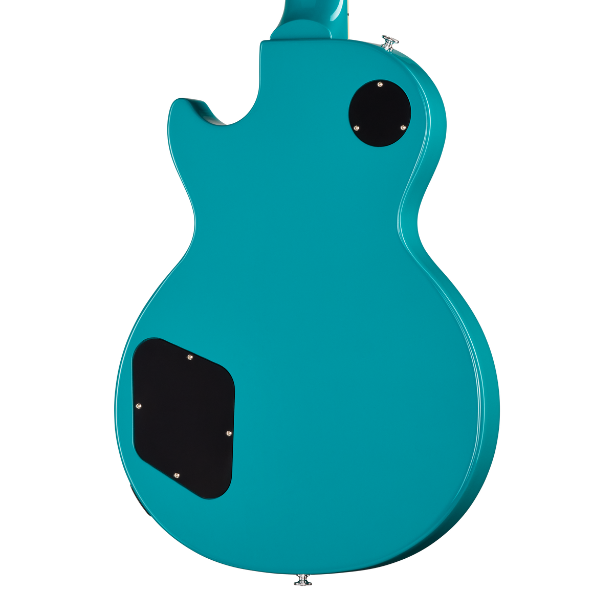 Teal electric guitar on a white background