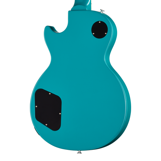 Teal electric guitar on a white background