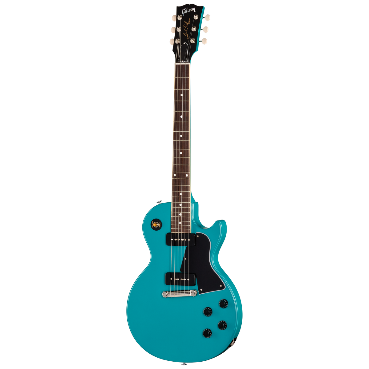 Turquoise electric guitar on a white background