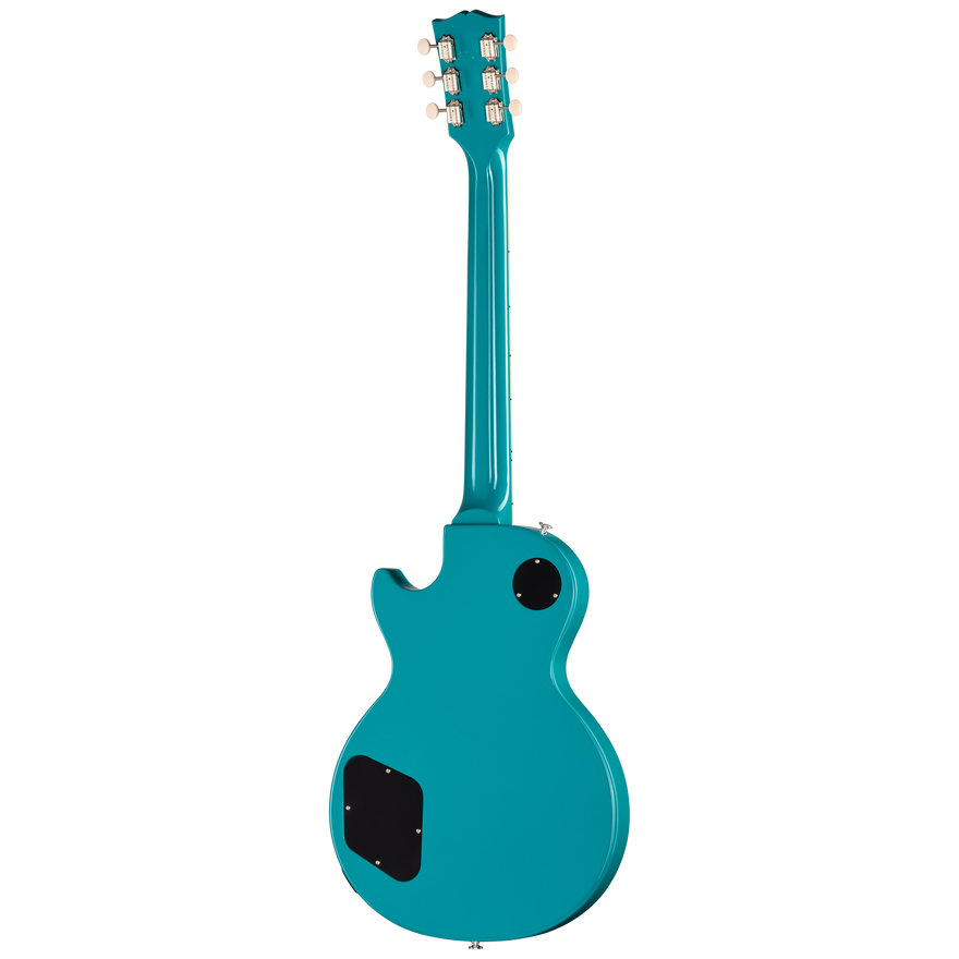 Turquoise electric guitar on a white background