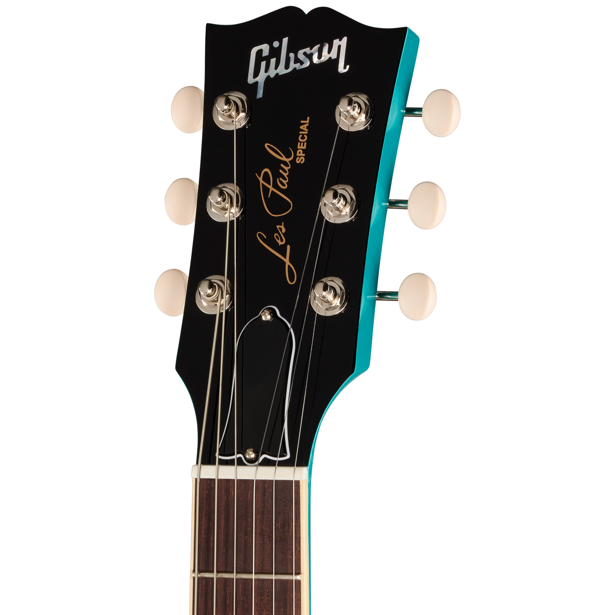 Gibson Les Paul Special guitar headstock with black and turquoise design on a white background