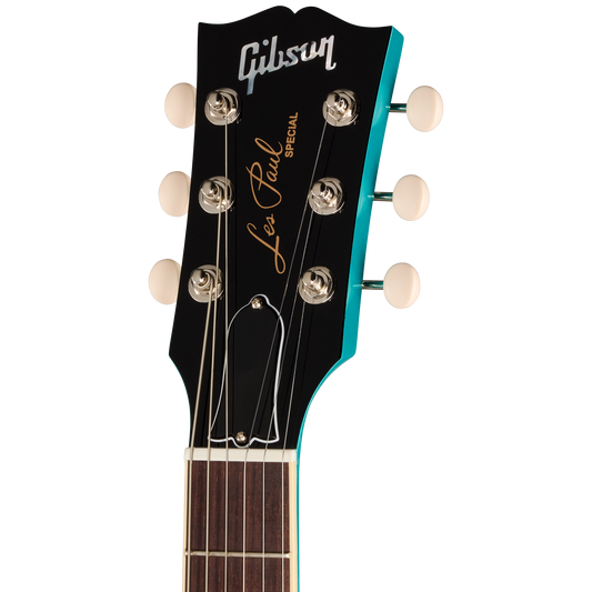 Gibson Les Paul Special guitar headstock with black and turquoise design on a white background
