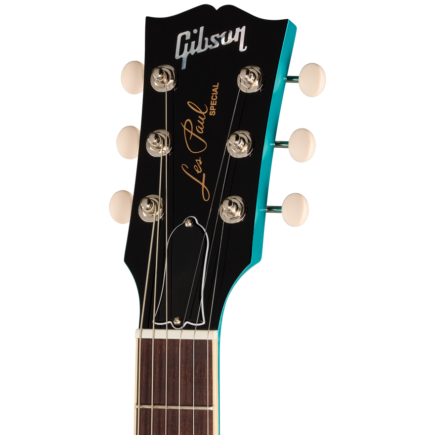 Gibson Les Paul Special guitar headstock with black and turquoise design on a white background