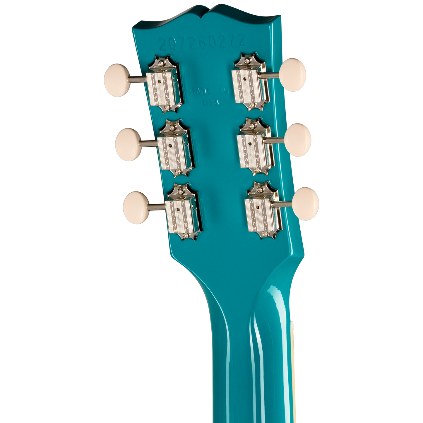 Close-up of a teal guitar headstock with tuning pegs on a white background